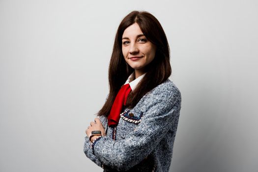 Business woman weared casual clothes. Teacher on white background. Foreign school private study with a school girl.