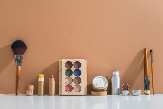 zero waste make up set in minimalistic style on pastel background. High quality photo