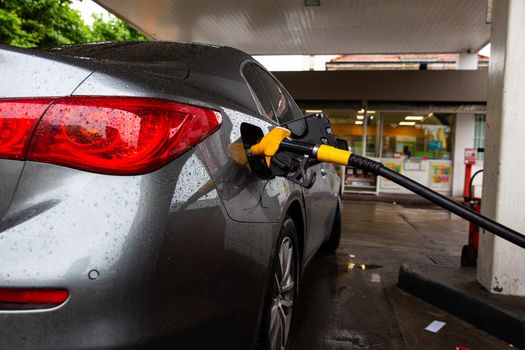 Car refueling fuel on petrol station. Service is filling gas or biodiesel into the tank. Automotive industry or transportation concept