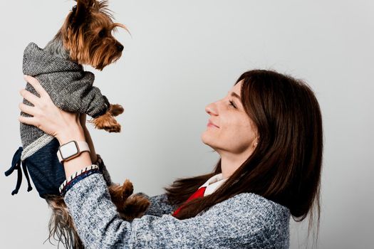 Girl holds brown dog isolated on white background. Young attractive woman with dog yorkshire terrier smiles. Close up photo. Pet care. People and pets.