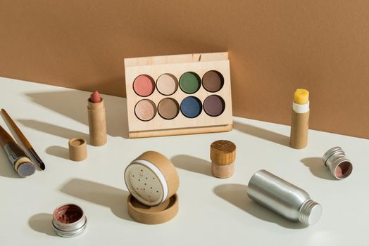 zero waste make up set in minimalistic style on pastel background. High quality photo