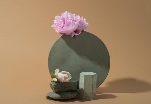 minimalist mockup with concrete shapes and magnolia blooming. High quality photo with copy space