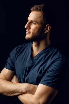 Handsome man with fashion hair style and beard. Advert for barbershop and hair stylish. Confident business man on dark background