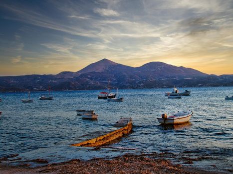 Scenic picturesque sunset in greek fishing village Klima with traditional houses , Milos island