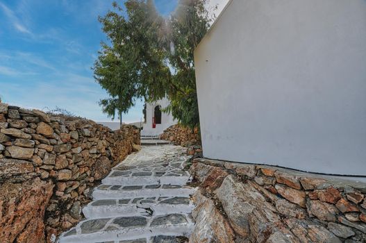 Traditional church in village of Chora in the cycladic island of Sikinos of Greece