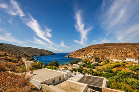 Panoramic view of the beautiful village of Megalo Livadi with a great beach