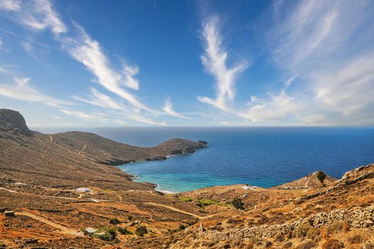 Panoramic view of Kalo Ampeli beach in Serifos island, Greece