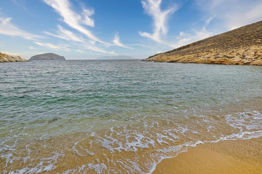 Agios Sostis Beach in the island of Serifos (Cyclades, Greece), with golden sand and clear water