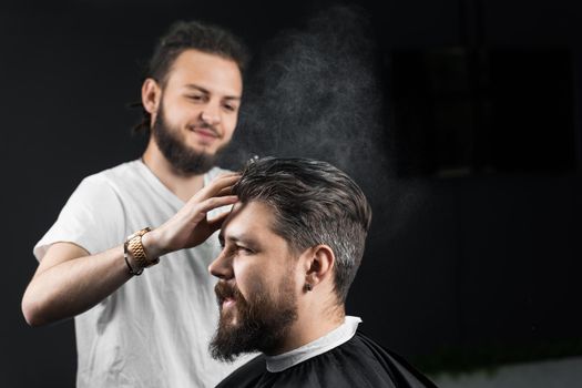 Barber making hairstyle for confident bearded hipster. Advertising for barbershop and men's beauty salon.