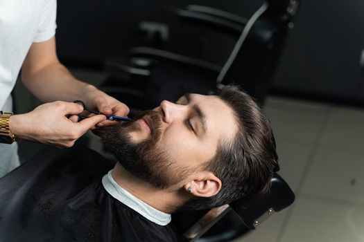 Haircut beard with scissors for a gentleman in a trendy barbershop. Professional hairdresser.