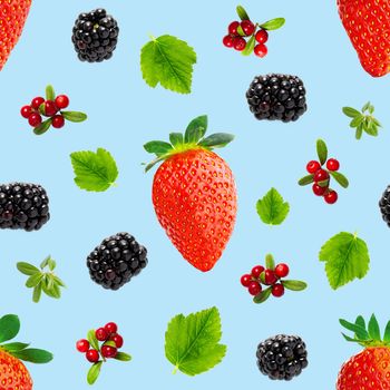 Falling berries seamless pattern isolated on blue background, different flying forest berries. Strawberry, cranberry, bramble