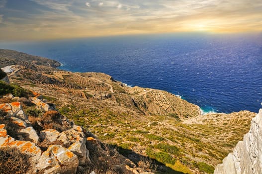 Panoramic view of the nature of Sikinos island in Greece, Cyclades