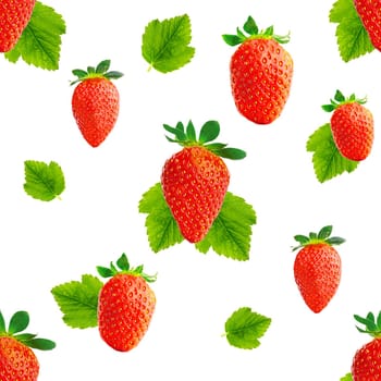 Fresh strawberry seamless pattern. Ripe strawberries isolated on white . Package design background. Falling strawberry selective focus.