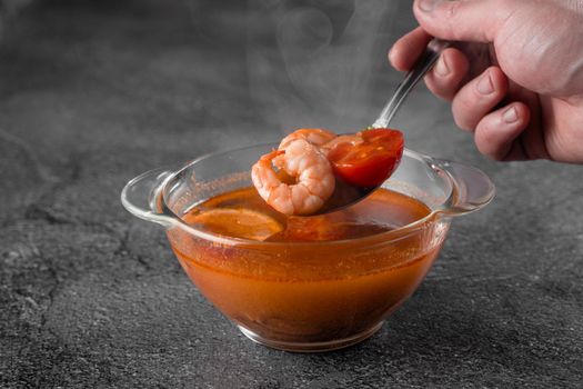 Tom yam soup with shrimps traditional thai dish. Tom yum spicy and sour soup with shrimp, chicken, fish or other seafood