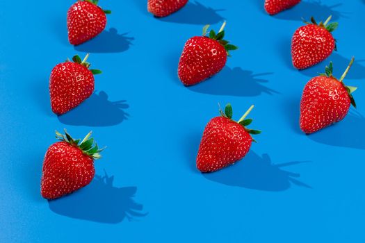 Strawberry ripe fruit on blue background. Harvest of fresh red berry.