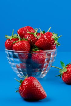 Bunch of strawberry in bowl on blue background. Yummy summer fruit