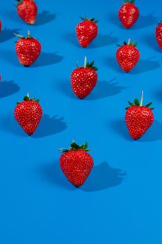 Red strawberries on blue background. Ripe tasty berry