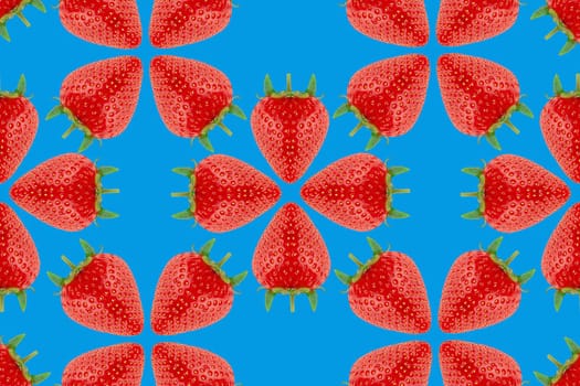 Strawberry pattern on blue background. Seasonal berry.