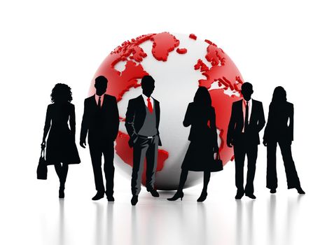 Business professionals standing in front of the globe. 3D illustration.