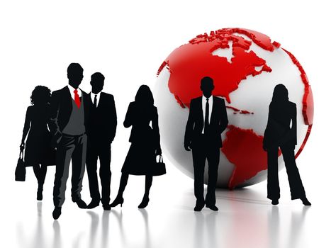 Business professionals standing in front of the globe. 3D illustration.