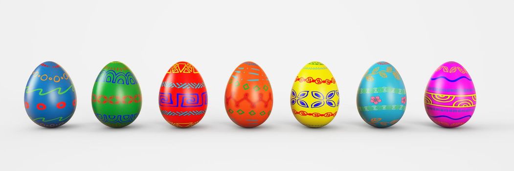 Set of realistic eggs on white background. Easter collection. 3D rendering illustration.