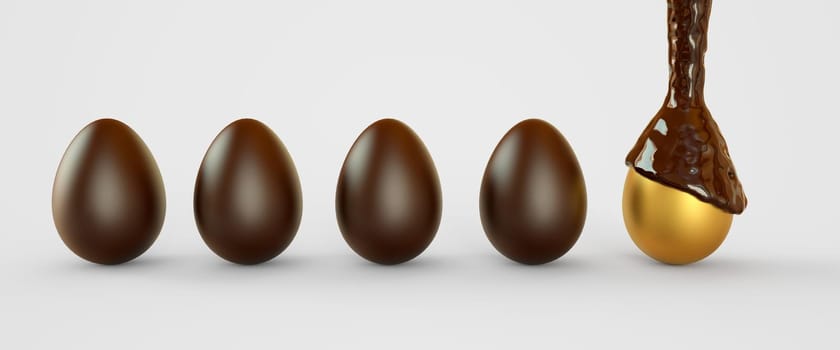 Golden eggs in chocolate. Easter eggs. 3D rendering illustration.