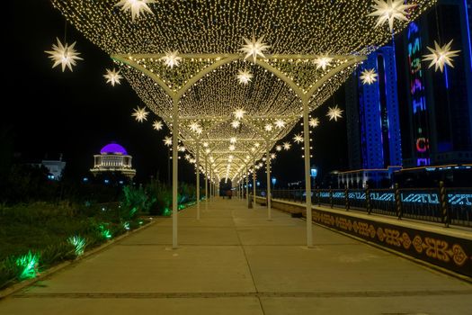 Russia, the Chechen Republic, Chechnya, the city of Grozny. Night landscape shot in the city center near the skyscrapers of Grozny City. Star gallery with illumination. High quality photo