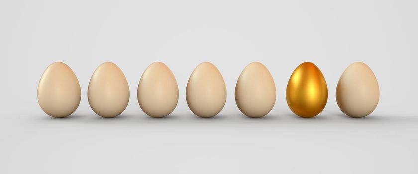 Golden egg in a row of the white eggs. Easter eggs. 3D rendering illustration.