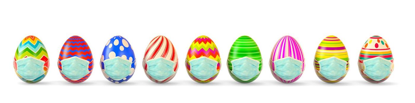 Color Easter egg in medical face mask on white background., 3D rendering illustration.