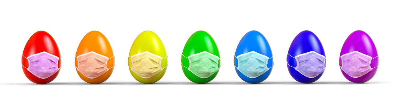 Color Easter egg in medical face mask on white background,. 3D rendering illustration.