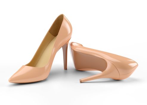 Women's beige shoes isolated on a white background, 3D rendering illustration.