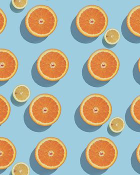 Pattern lemon orange citrus food vitamin fruit fresh on a blue background.