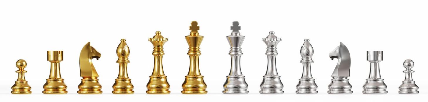 Set of gold and silver chess on a white background, 3D rendering illustration.