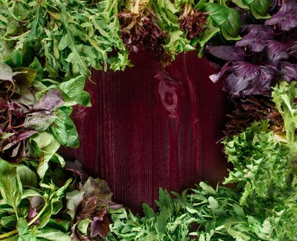 Beautiful dark wooden background with a mix of lettuce leaves. View from above.