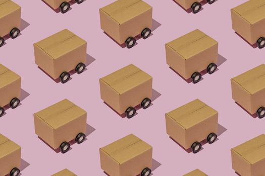 Cardboard boxes on wheels like trucks carry parcels and make deliveries. Minimal logistics pattern.