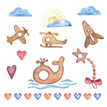 Watercolor wooden baby toys clipart. Sun, moon, star, heart, bird, owl, whale, chick,. Nursery Hand-drawn Art Decor. Baby boy girl. Set Illustrations Isolated on white background.