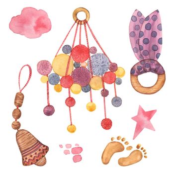 Watercolor wooden baby toys clipart. rattles, star, heart, children, baby mobile. Nursery Hand-drawn Art Decor. Baby boy. Baby girl. Set aquarelle Illustrations Isolated on white background.