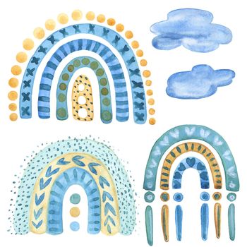 Blue Yellow rainbow and clouds Watercolor Clipart. Boho style hand-drawn art decor. Baby boy shower party design. Collection Illustrations Isolated on white background.