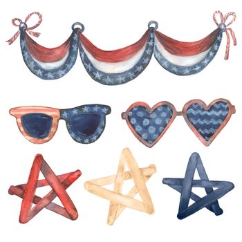 Watercolor hand-made illustrations 4th of July Clipart USA American Flag. Set of elements in Patriotic style Stars and Stripes Red and blue colors White background Overlay for Scrapbook Graphic Design
