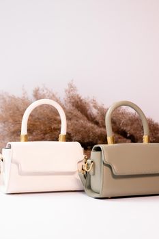 fashion photo of two purse. beige and green woman handbag with gold chain on background of pampas grass or dried flowers. isolated on white background. Product composition photography.