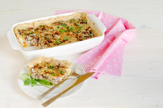 Homemade mushroom pie in white baking dish. From series Natural organic food