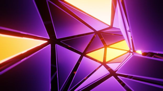 Flying through a tunnel with glowing panels, 3D rendering illustration.