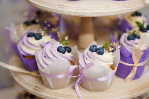 Vanilla cupcakes with lavender cream. Thematic muffins. Cupcakes with cream in a paper tulip form, decorated with blueberries, rosemary, flowers, tied with a ribbon.