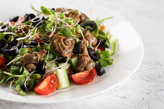 Green salad with escargot grape snails on white background. French gourmet cuisine.