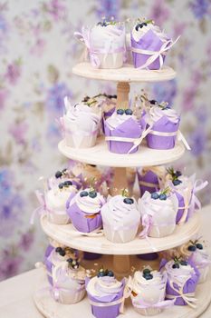 Cupcakes with cream in a paper tulip form, decorated with blueberries, rosemary, flowers, tied with a ribbon. Vanilla cupcakes with lavender cream. Thematic muffins.