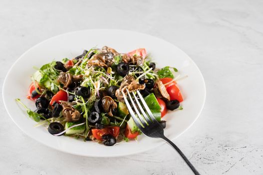 Green salad with escargot grape snails on white background. French gourmet cuisine