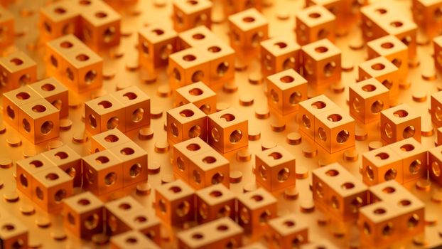 Orange cubes with holes, 3D rendering illustration.
