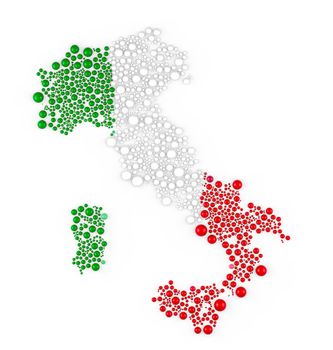 Multicolored raster abstract composition of Italy Map constructed of spheres items. Italy Map and flag 3D rendering illustration.