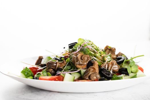 Green salad with snails on white background. French gourmet cuisine.