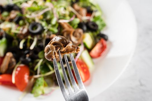 Escargot grape snail on fork near green salad on white background. French gourmet cuisine